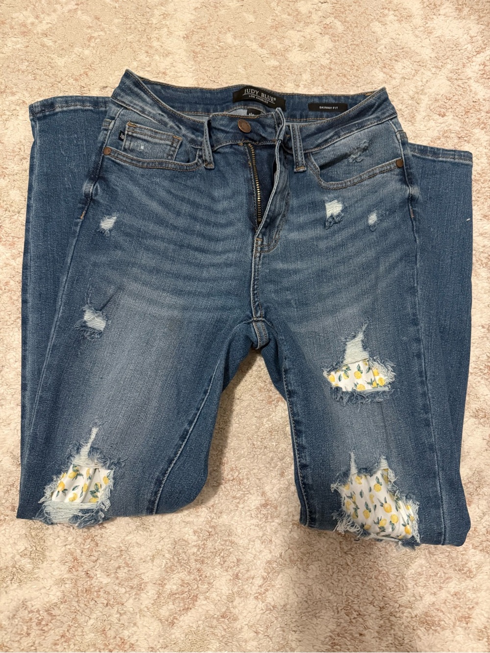 Judy Blue Medium Blue Skinny Jeans with Lemon Patch Details